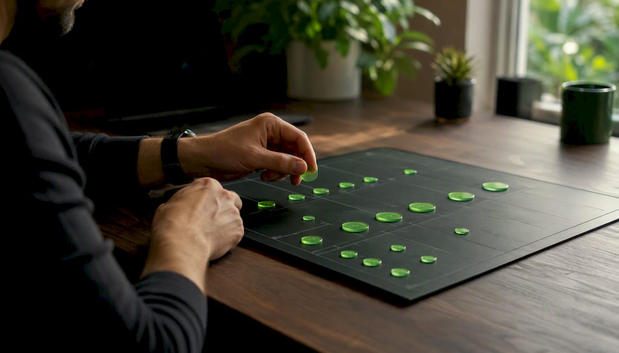 Hands arranging tokens on risk management plan