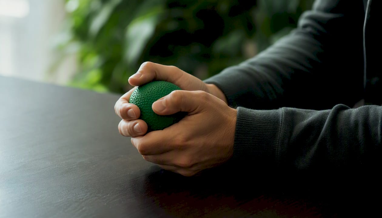 Hands squeezing green stress ball