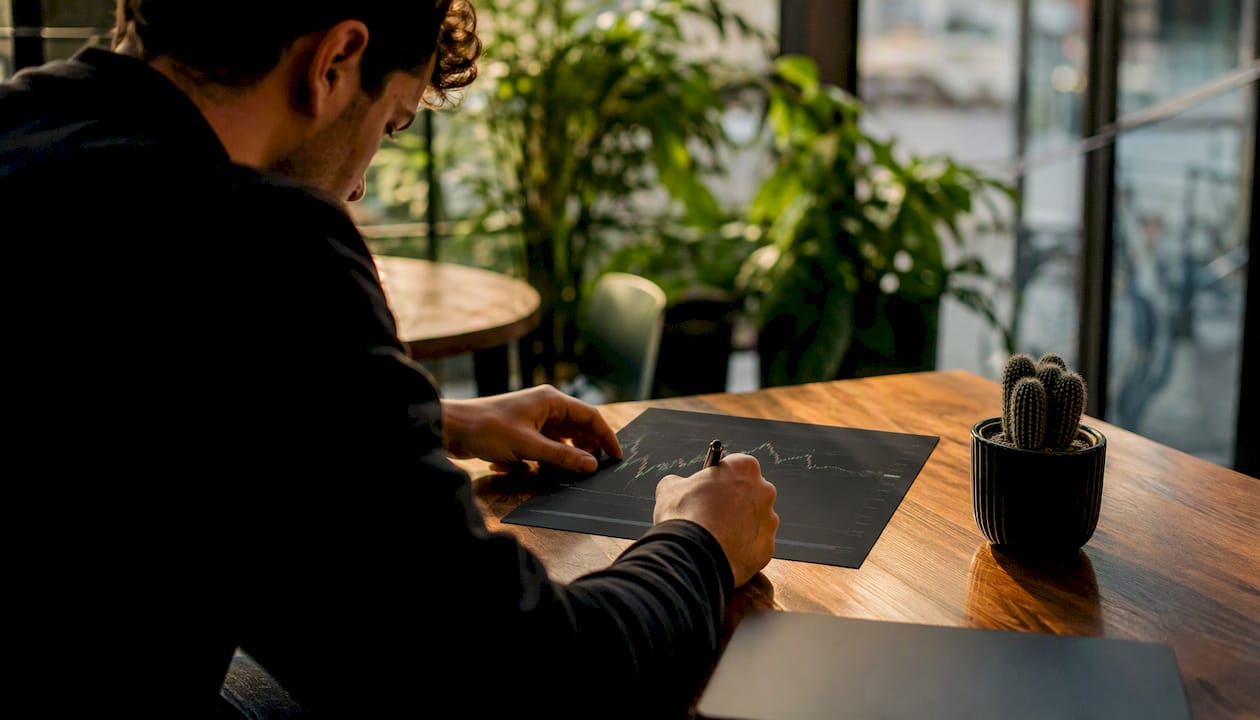 Hands filling trade plan template on desk