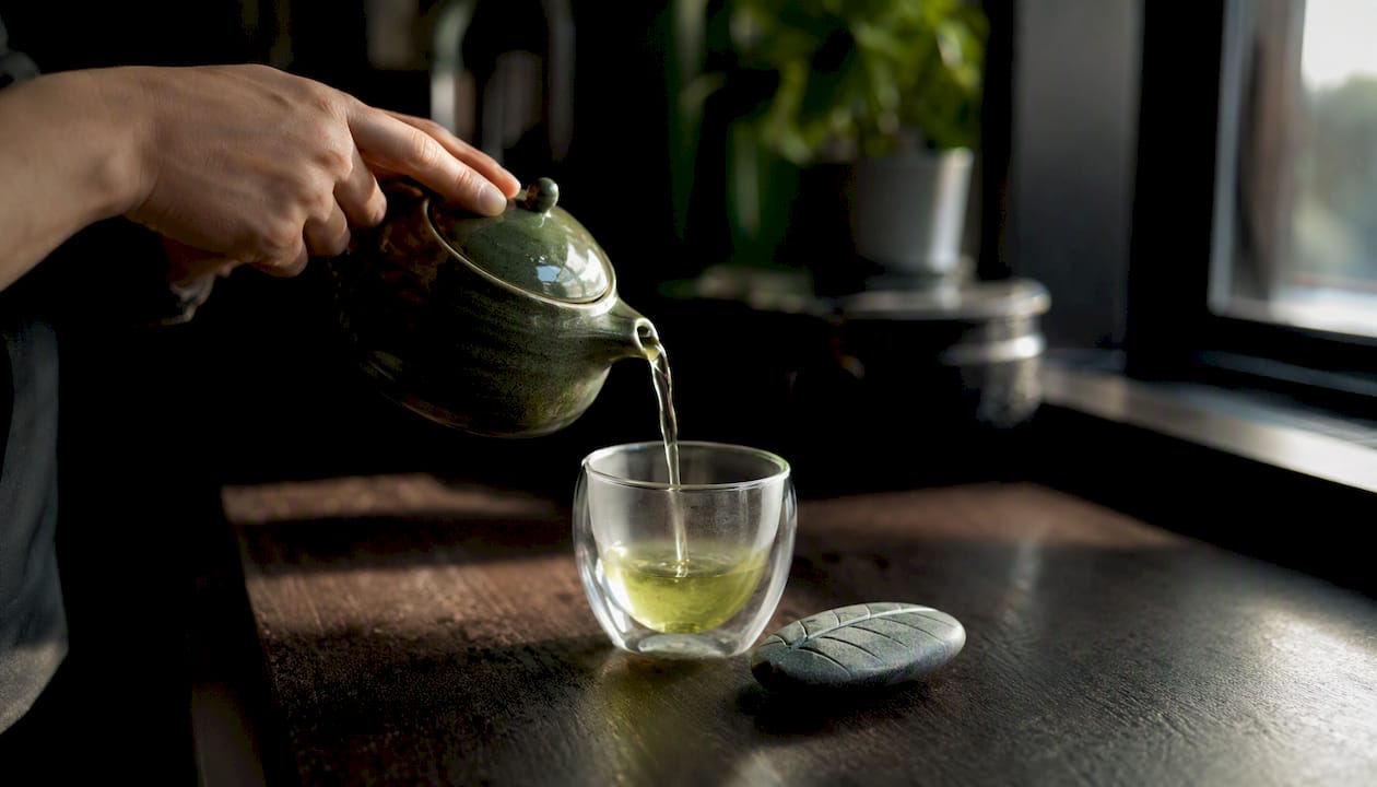 Hand pouring herbal tea promoting calm mindset