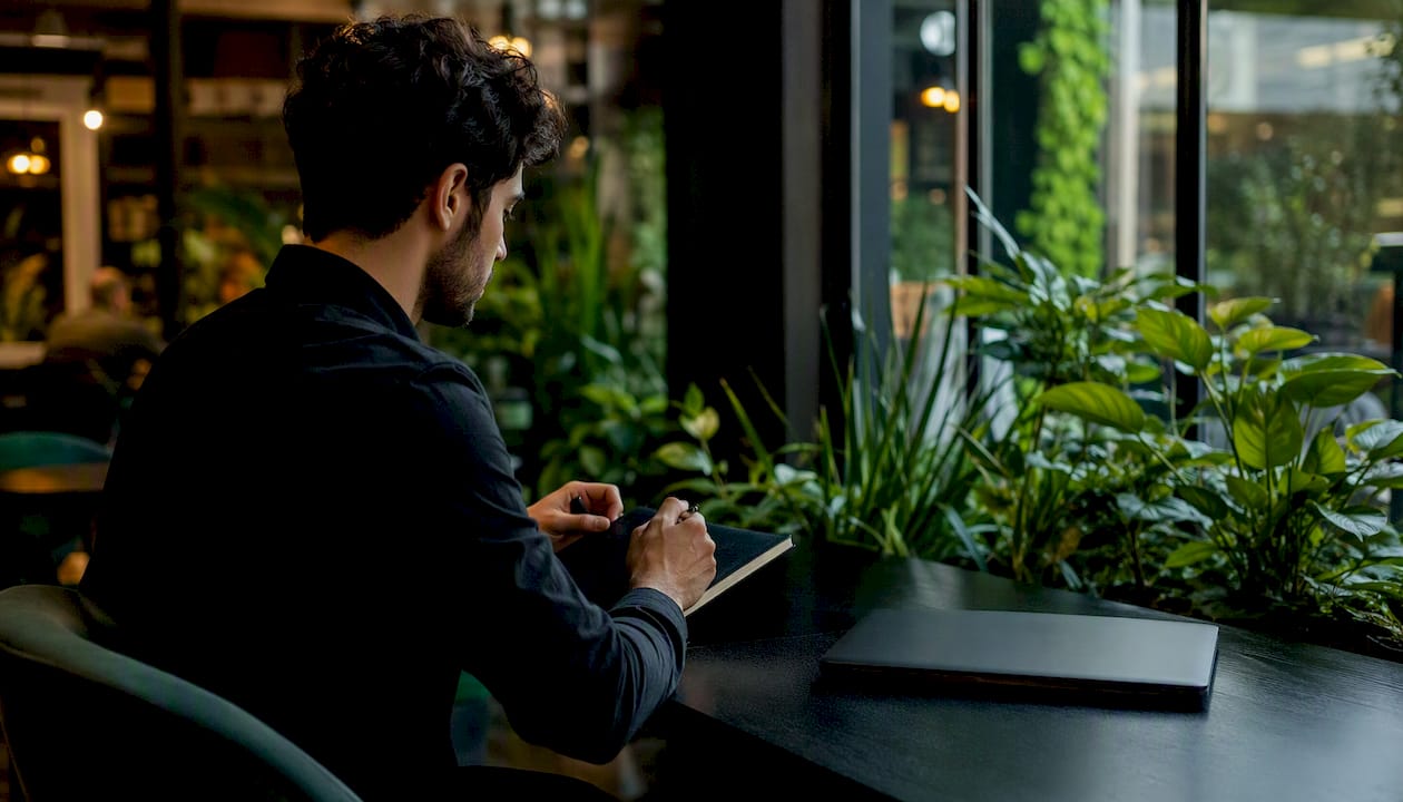 Trader pausing trading by pushing away laptop