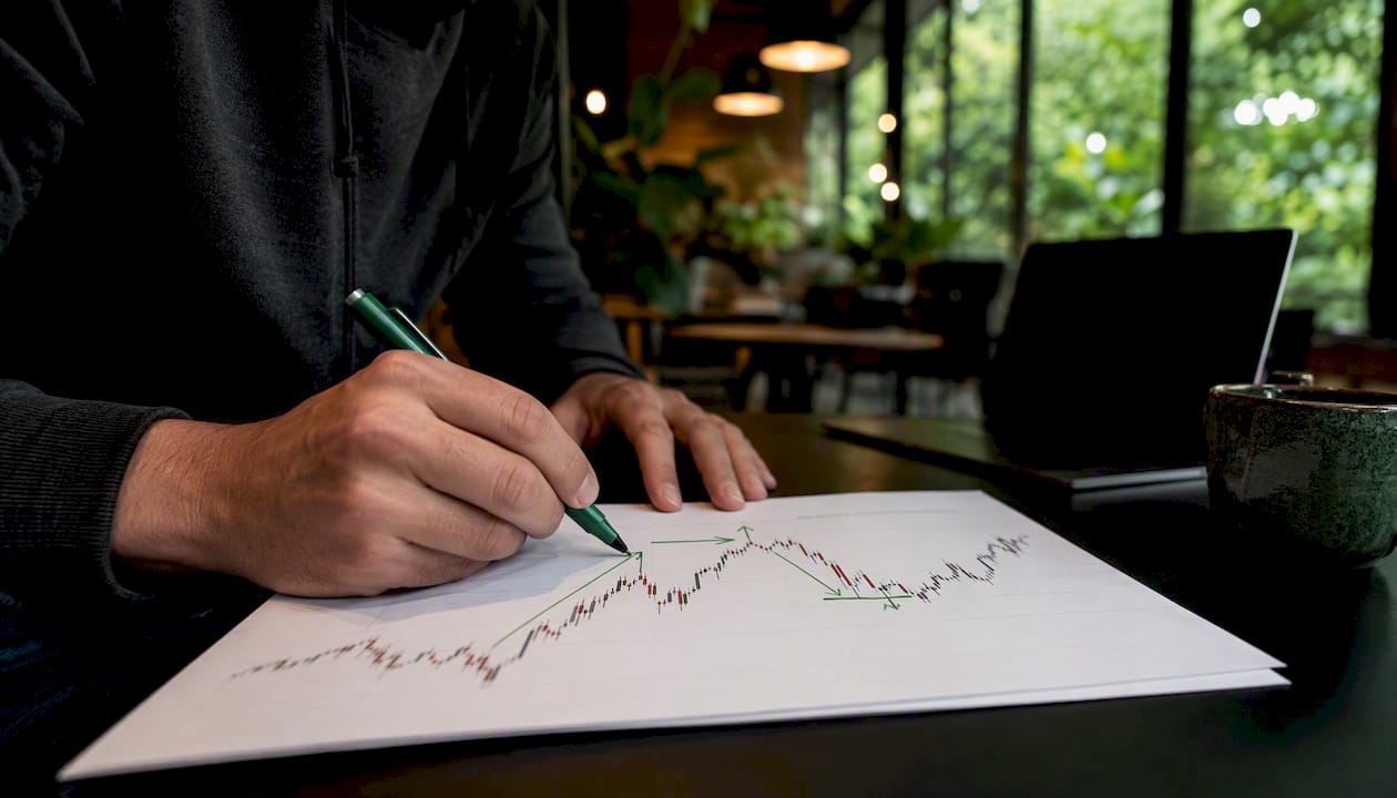 Hands marking impulse and retracement on chart