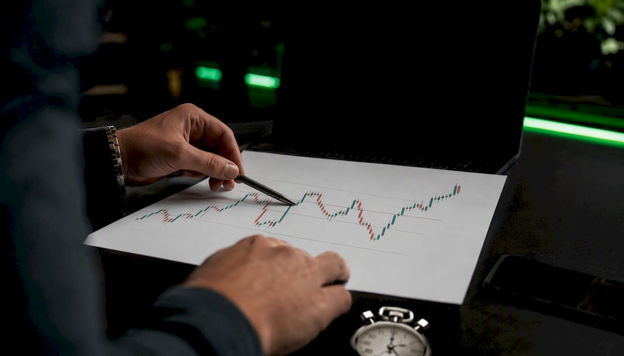 Trader pointing at candlestick chart retracement