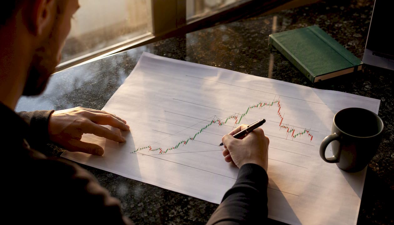 Hands drawing Fibonacci retracement on chart