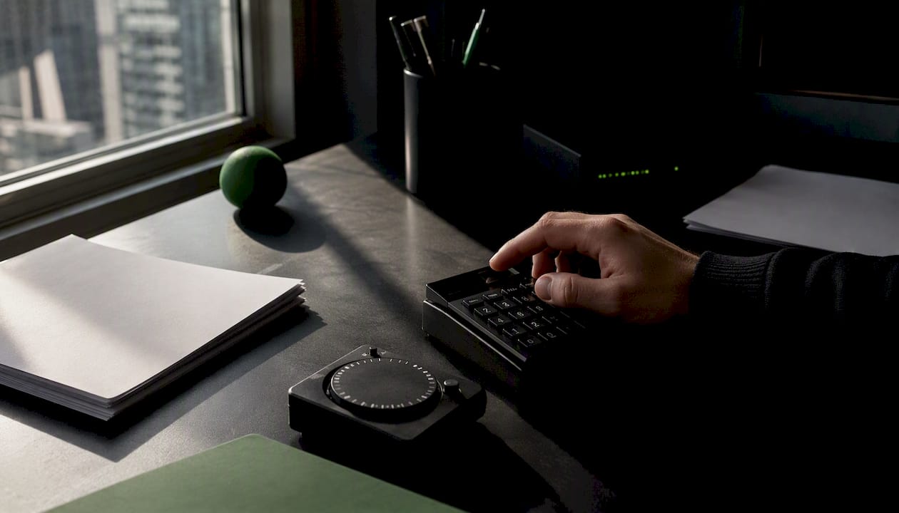 Trader's desk with calculator and stopwatch