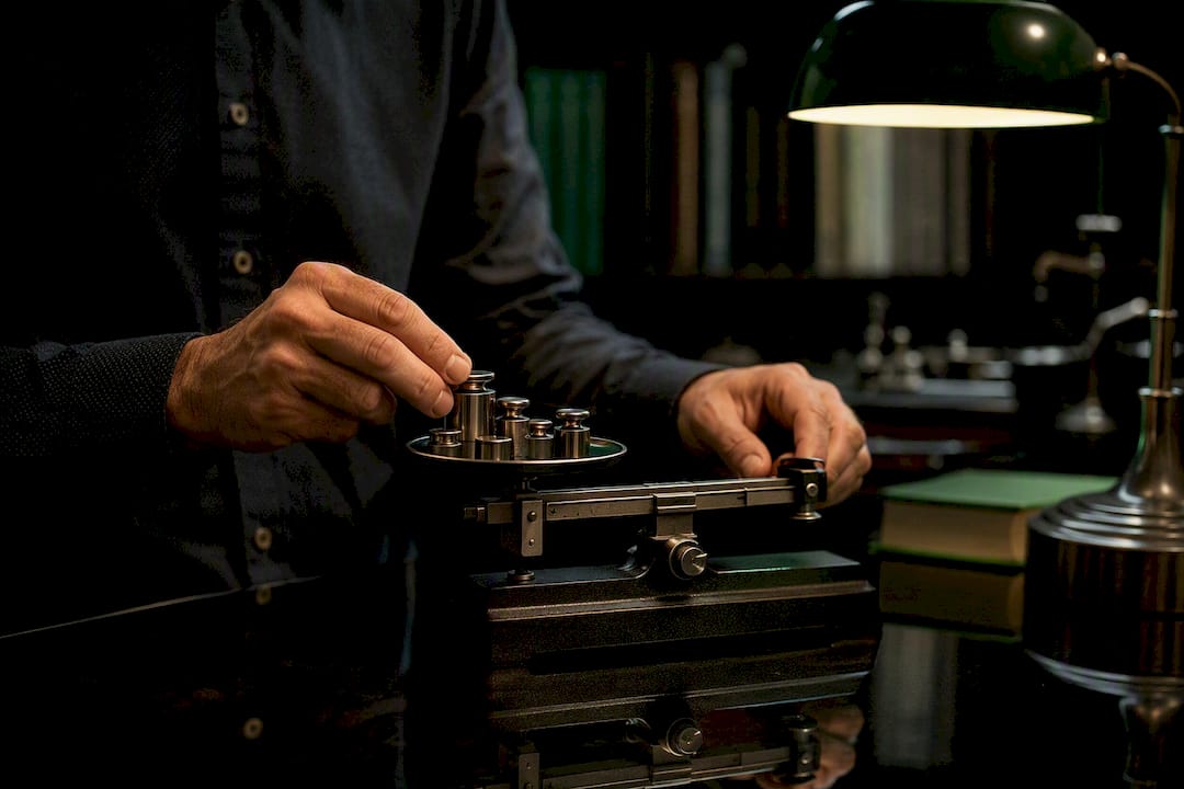 Trader's hands adjusting mechanical scale