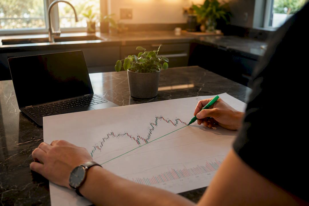 Hands drawing trendline on price chart