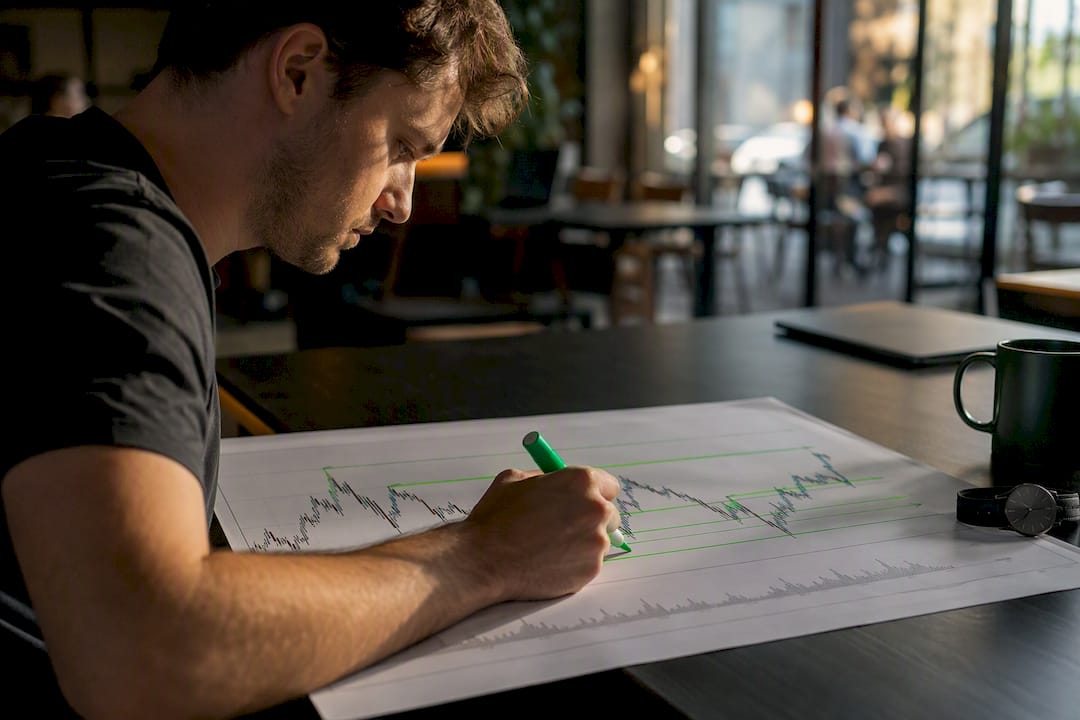 Hands drawing support and resistance zones on chart