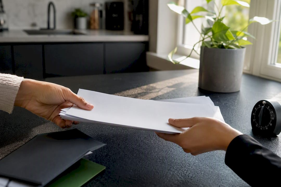 Hands passing onboarding materials