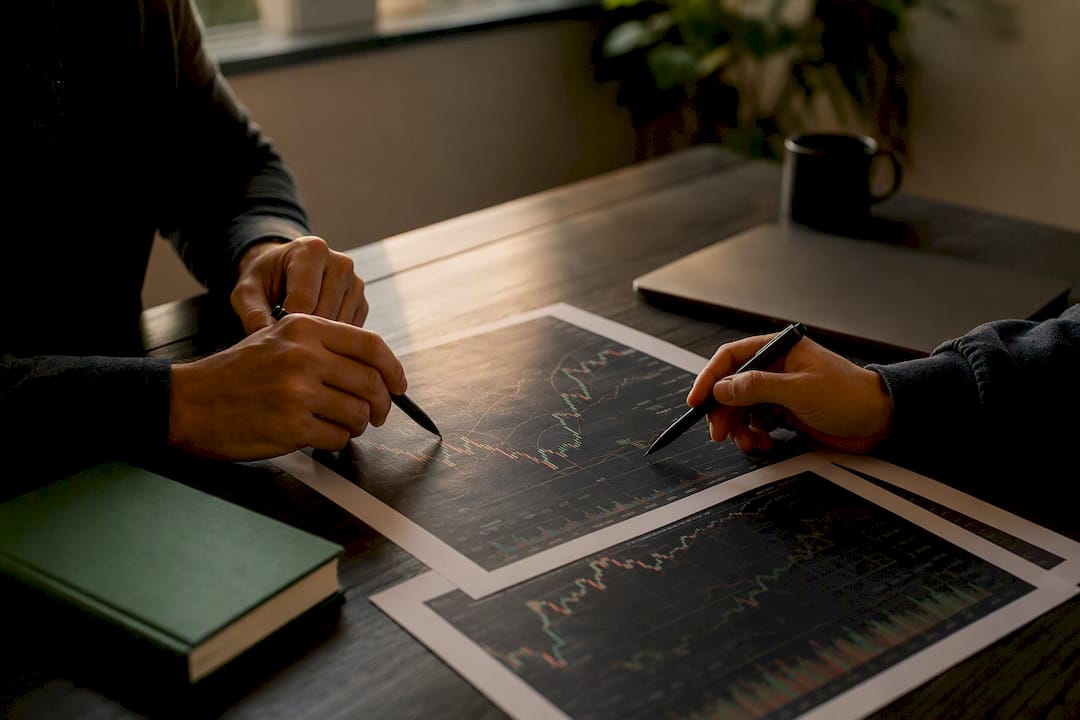 Traders collaborating on trade charts
