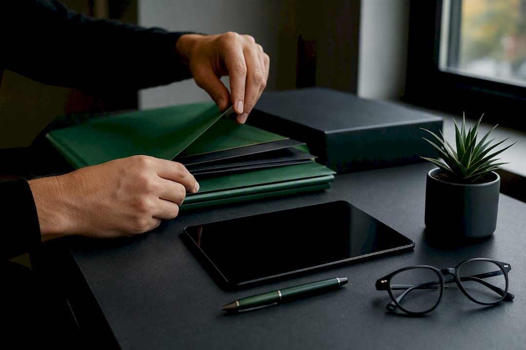Hands organizing tax files on tablet