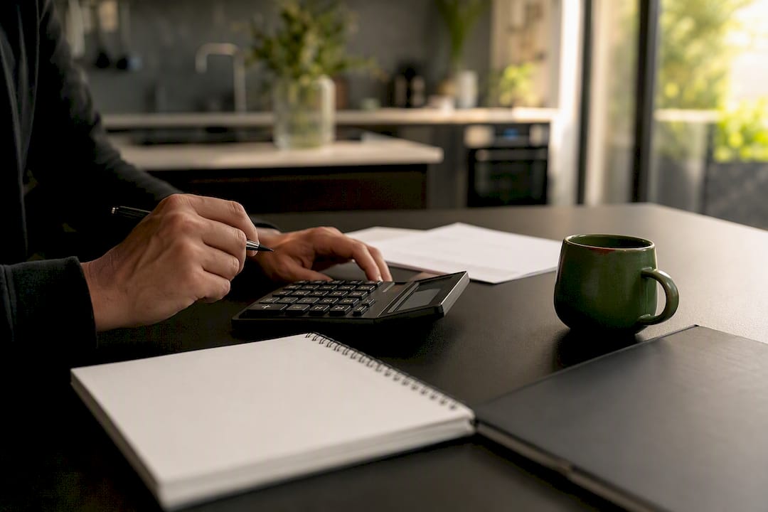 Hands using calculator and ledger at trading desk