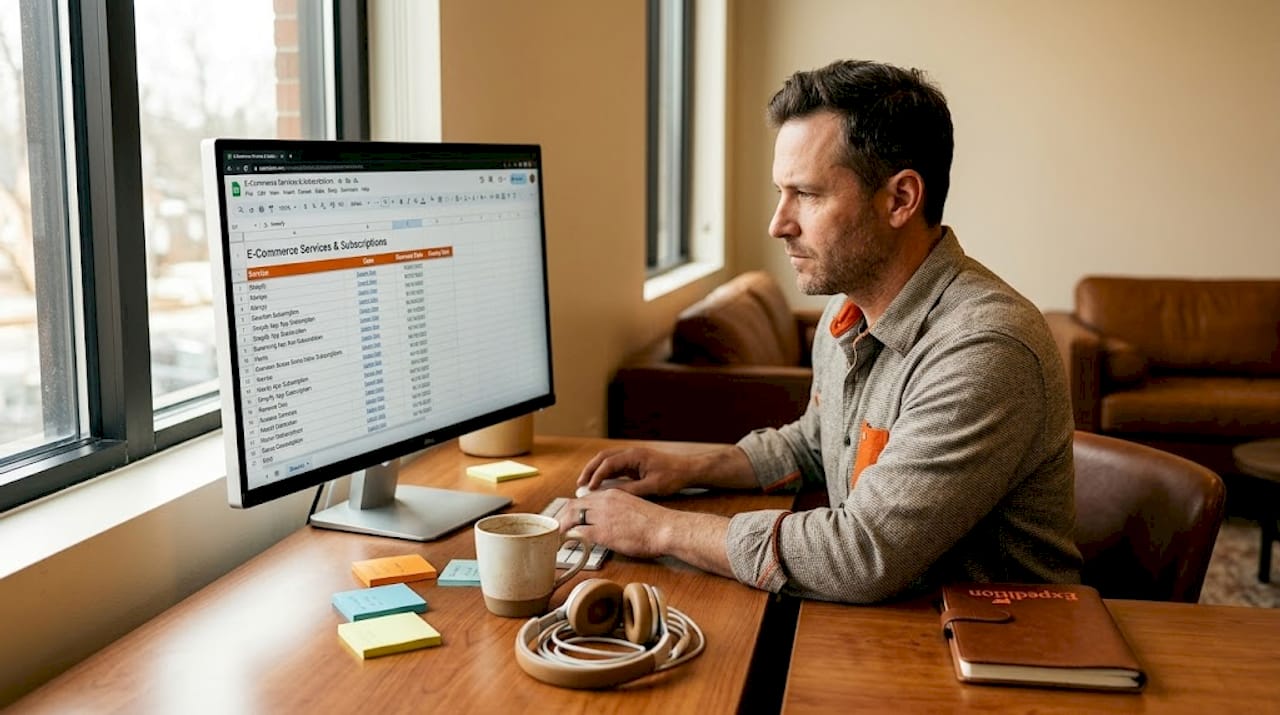 Man reviewing monthly ecommerce expenses