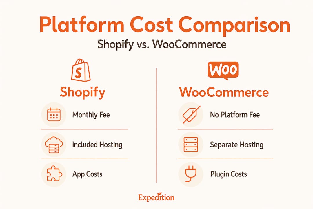 Infographic comparing Shopify and WooCommerce costs