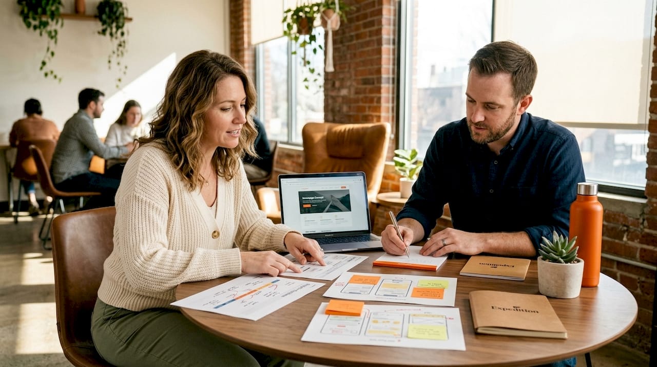 Client reviewing website timeline during project meeting