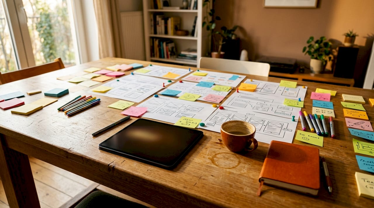 Overhead view of UX wireframe papers on table
