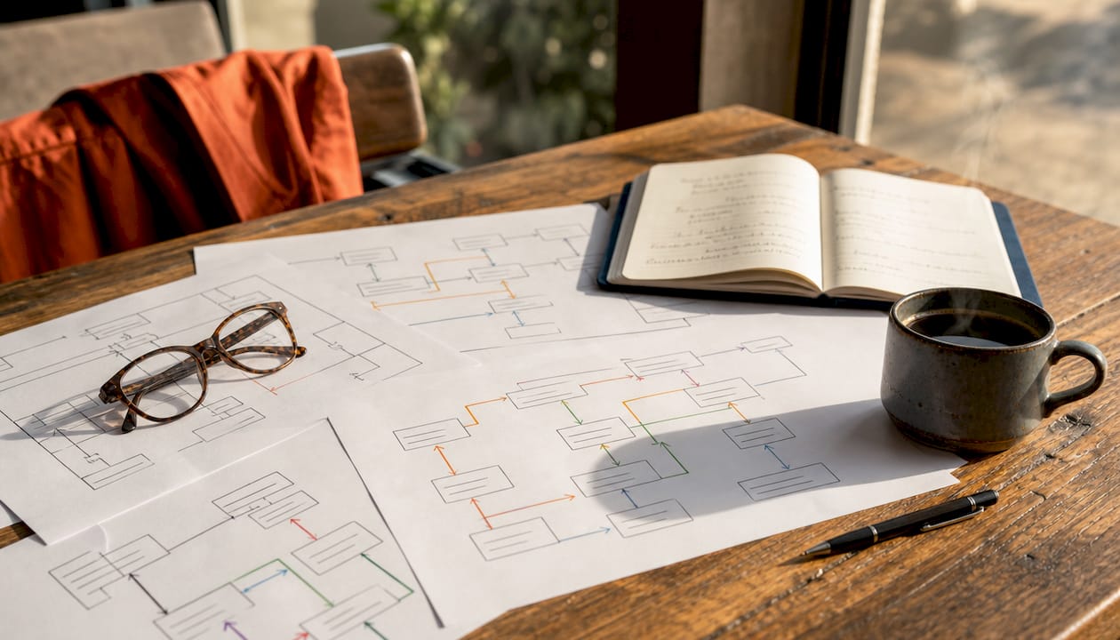 Printed XML sitemap and internal linking diagrams overhead