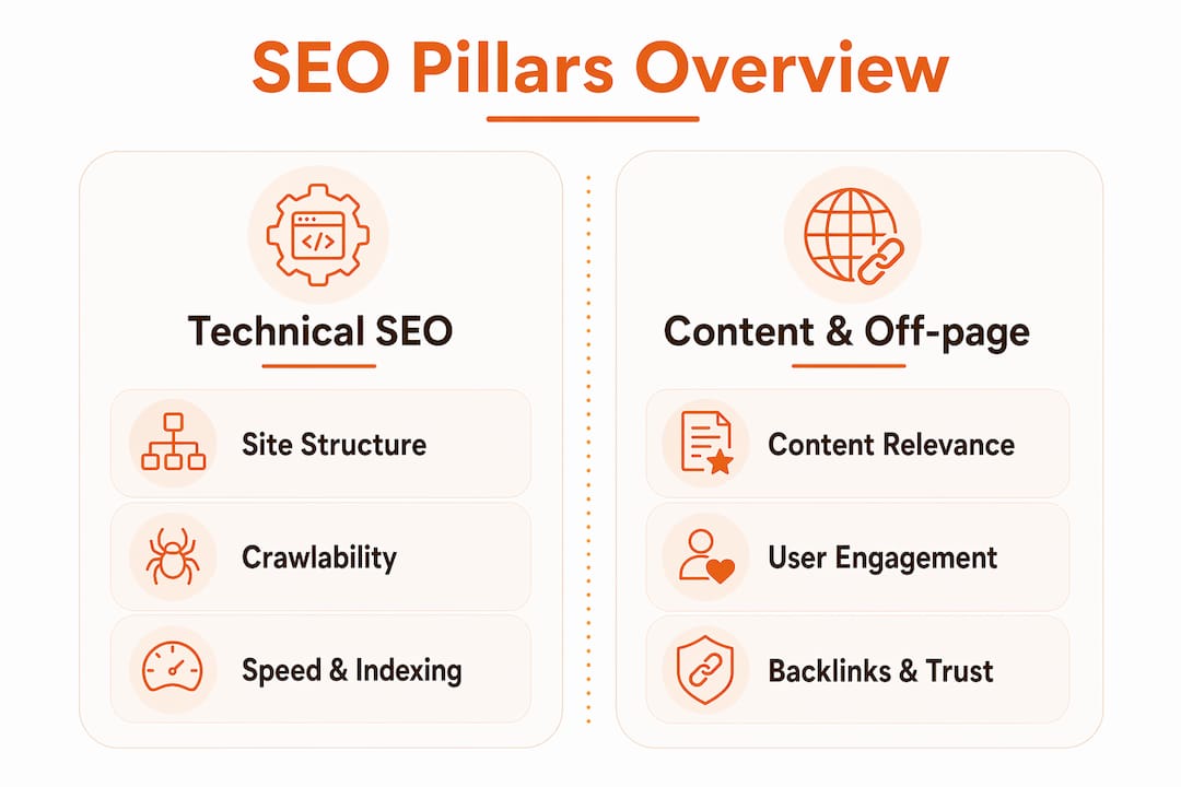 Infographic contrasting technical SEO with content and off-page SEO