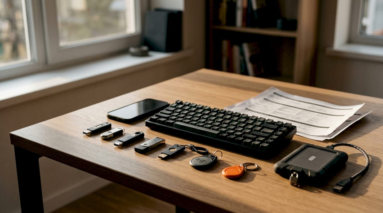 Overhead view of cybersecurity hardware and devices on desk