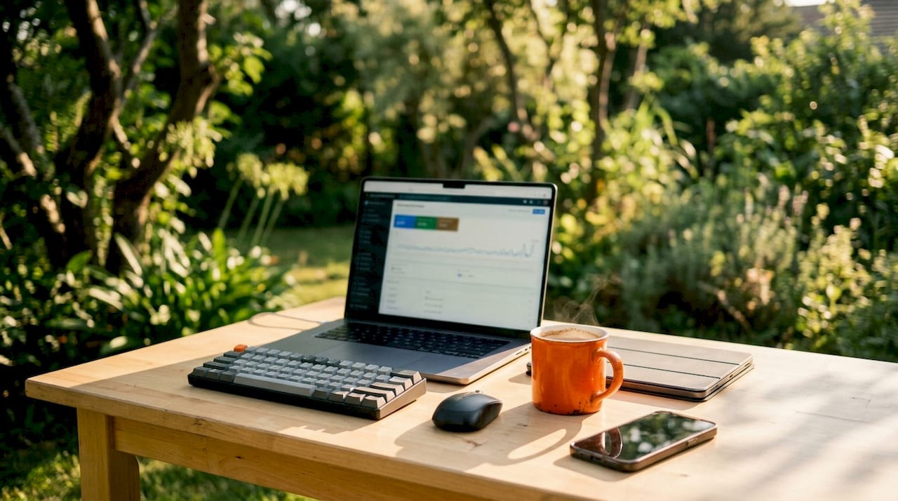 Overhead view of workspace with blurred monitor and devices