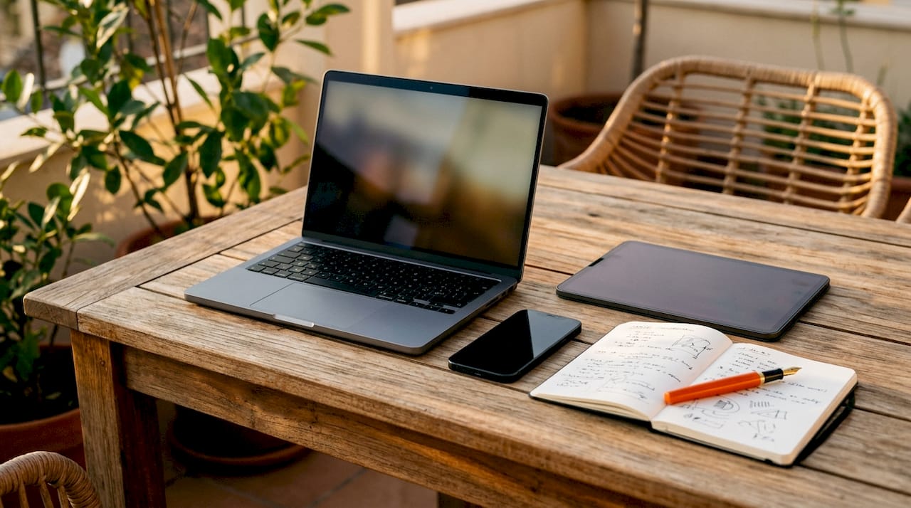 Close-up of digital devices and analytics papers