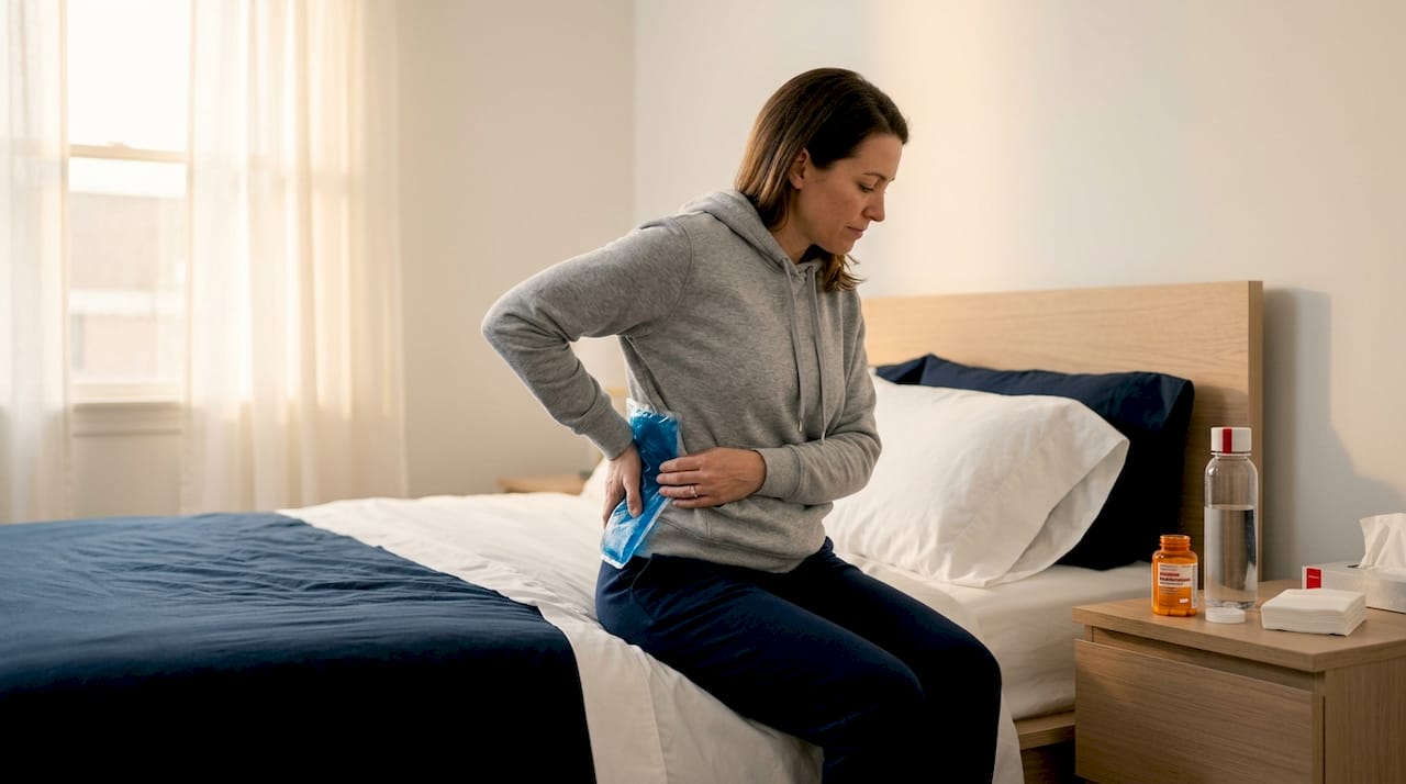 Woman applying ice pack for back strain