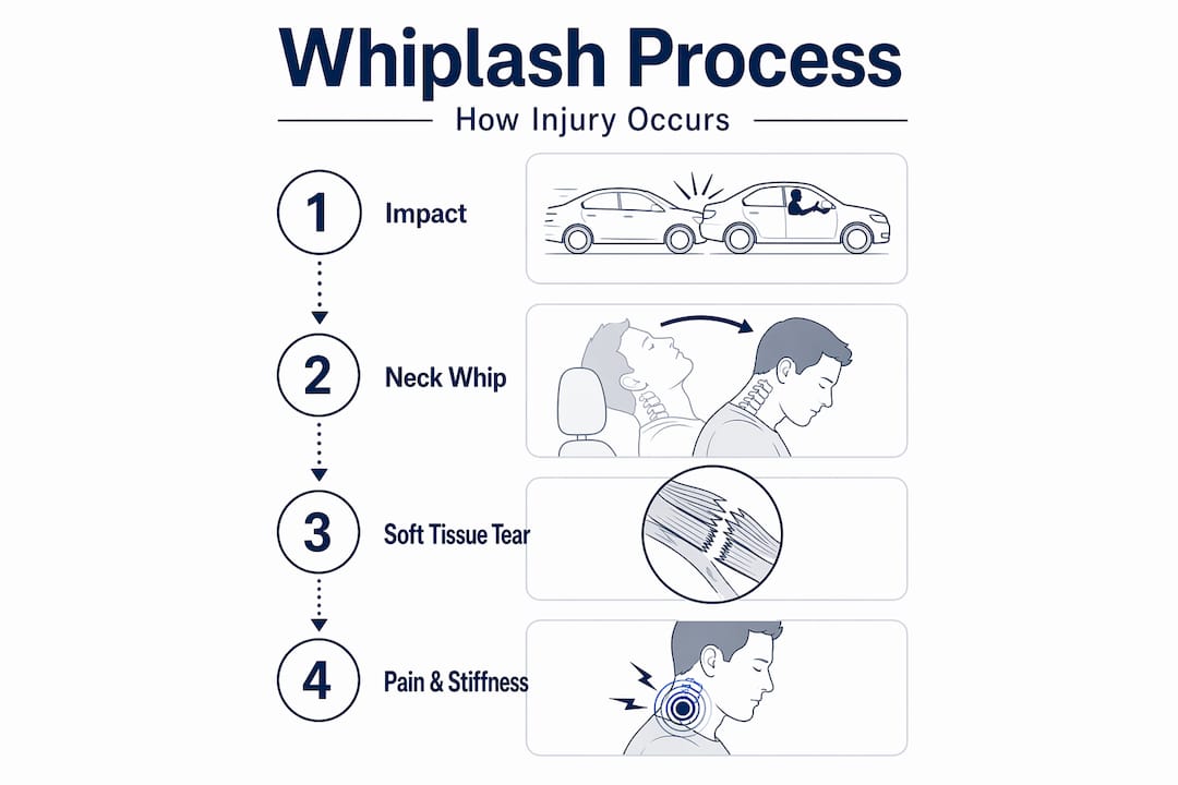 Whiplash injury progression illustrated step-by-step