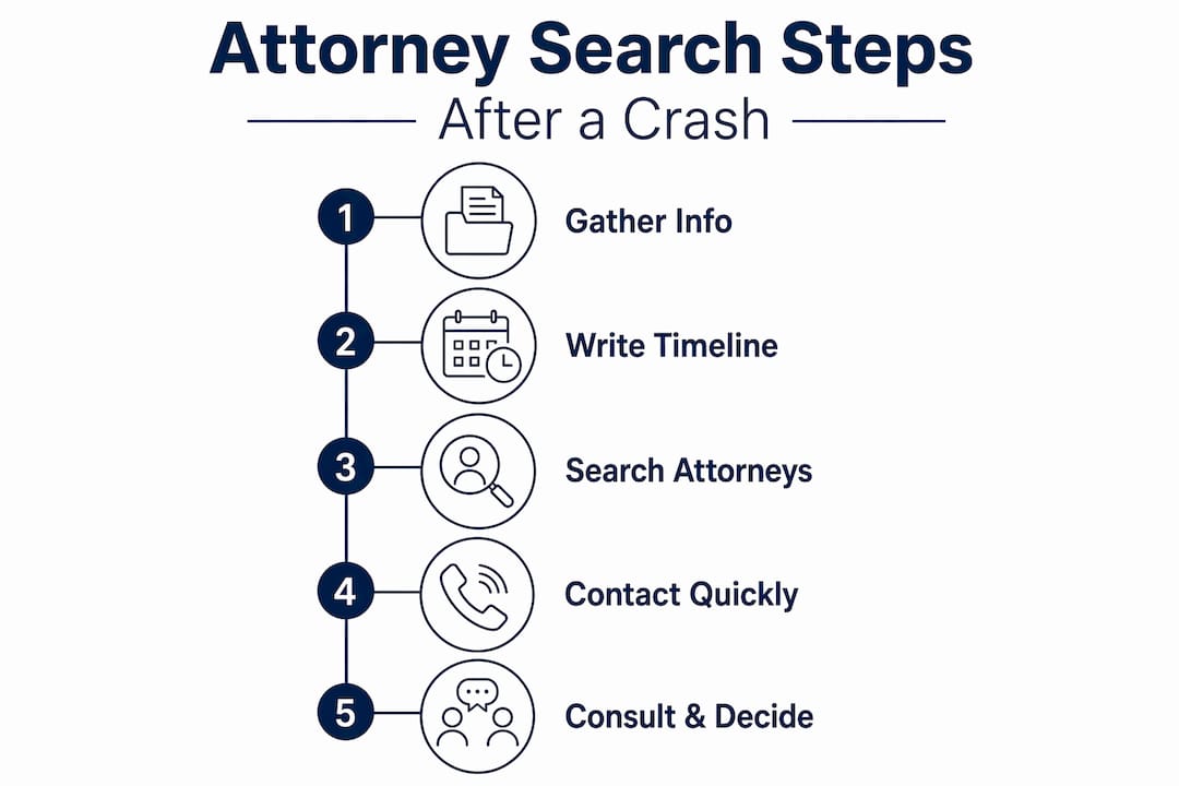 Infographic listing steps to find attorney after crash