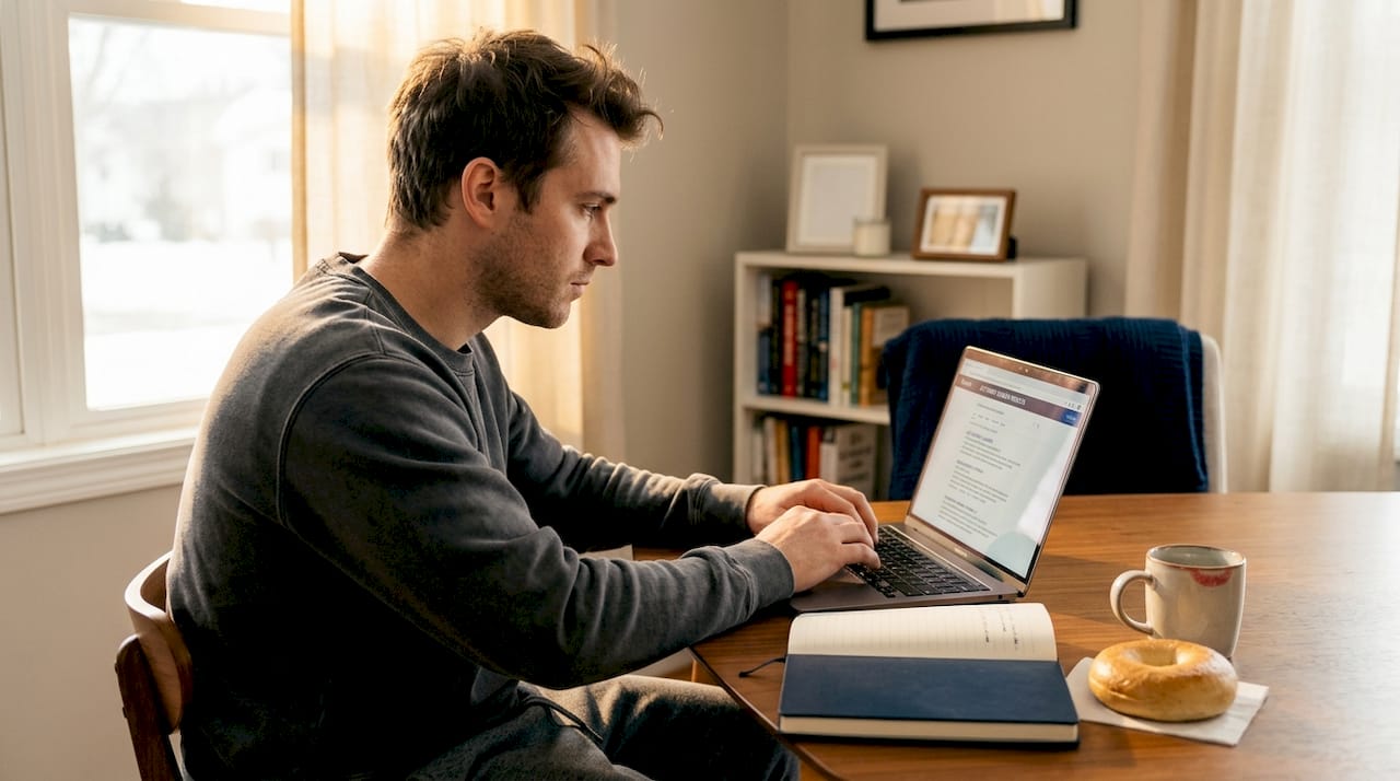 Man searching for lawyer on laptop at home