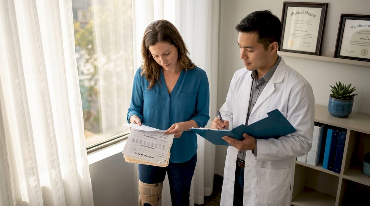 Injured patient reviewing medical paperwork with doctor