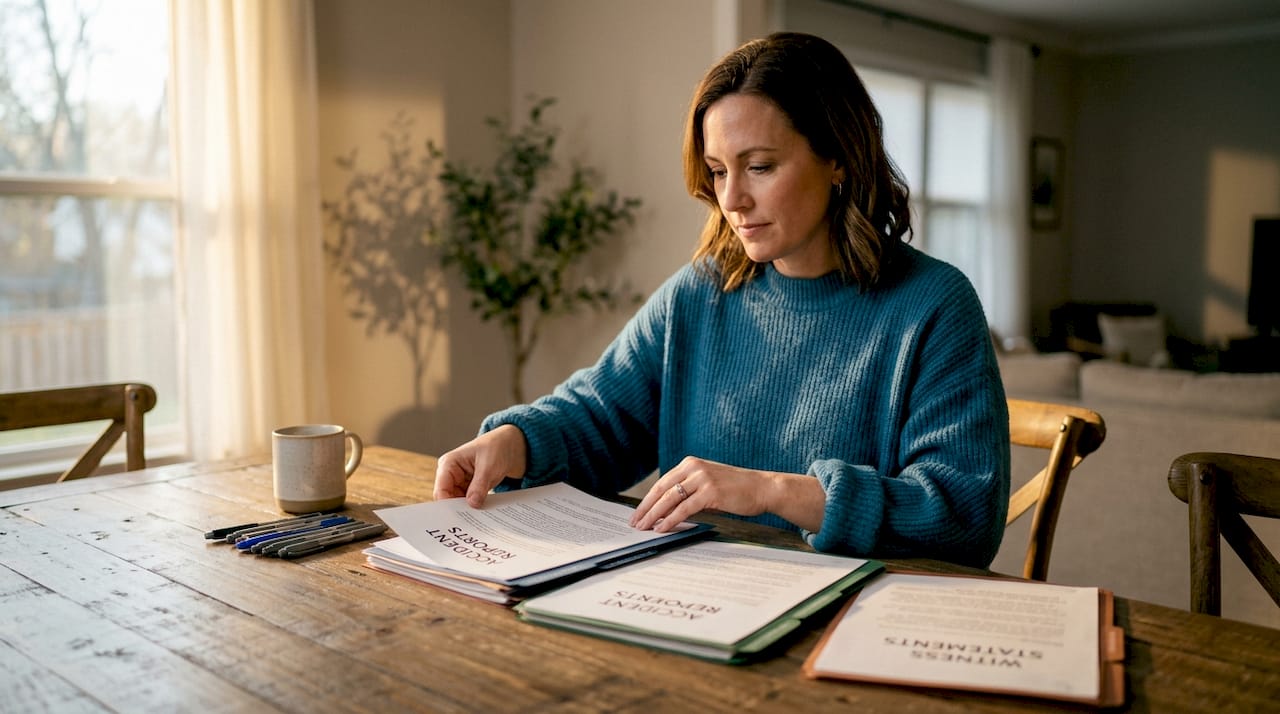 Woman organizing accident evidence documents