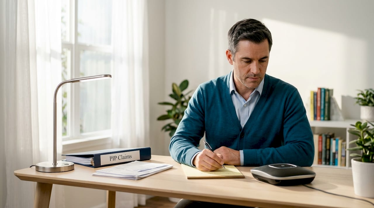 Man discussing insurance paperwork and PIP claim notes