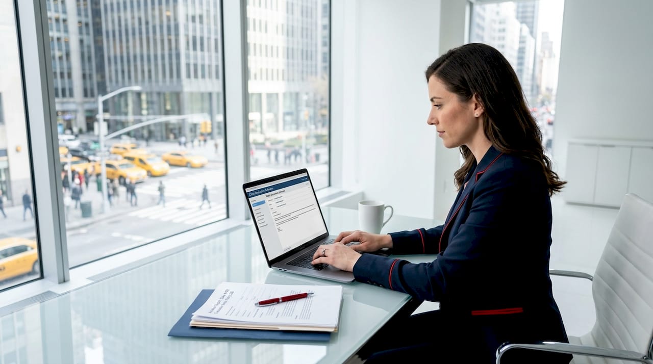 Insurance adjuster reviewing accident claim at desk