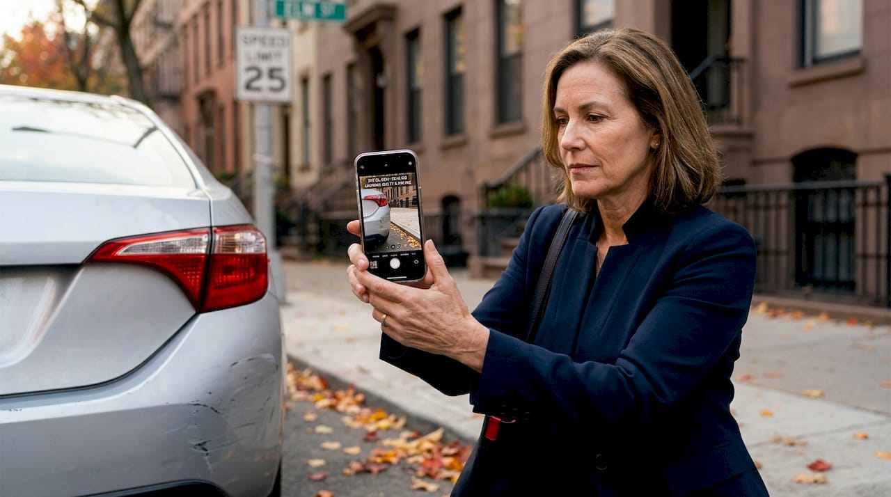Photographing car damage with phone at accident scene