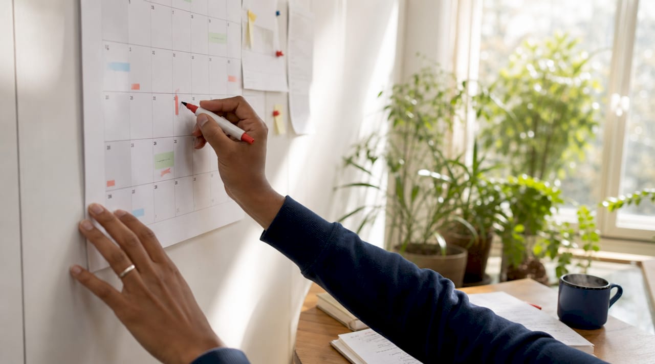 Hands marking deadline on wall calendar