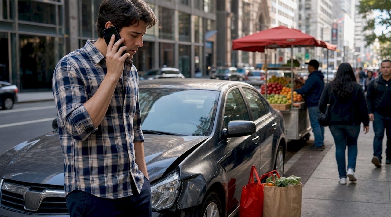 Man making call after car accident