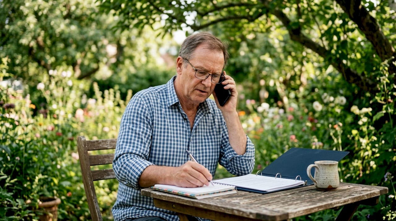 Man making cautious insurance claim call at kitchen table