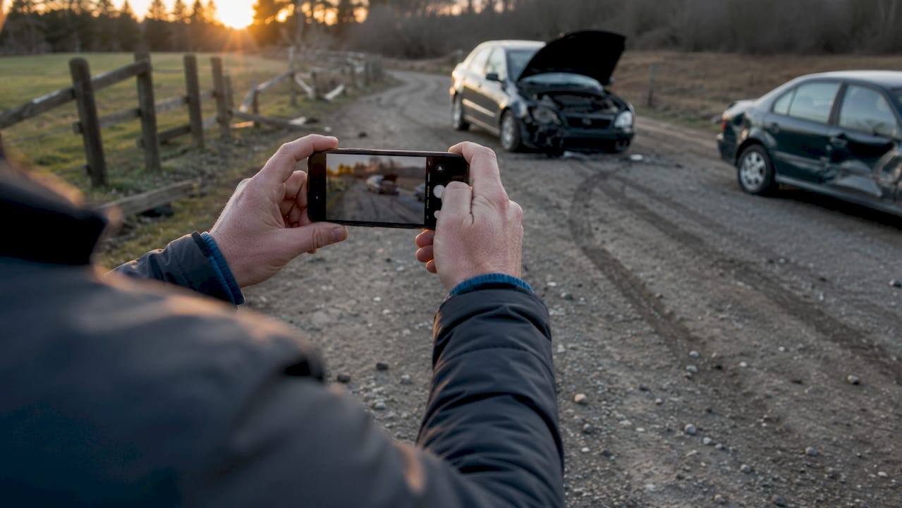 Hands taking accident scene photos with phone