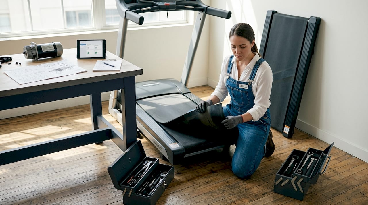 Specialist inspecting treadmill belt and deck