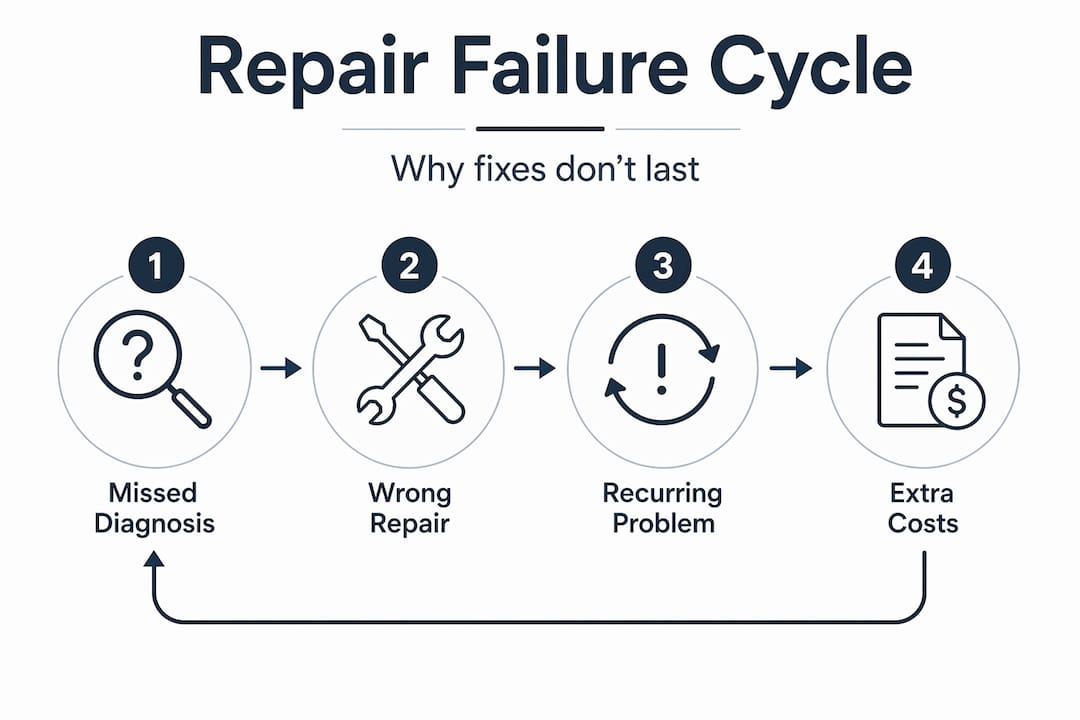 Infographic showing treadmill repair failure cycle steps