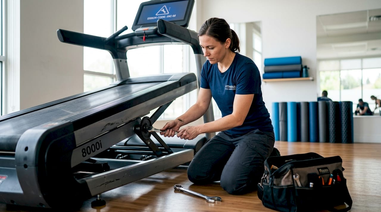 Technician checks treadmill incline mechanism