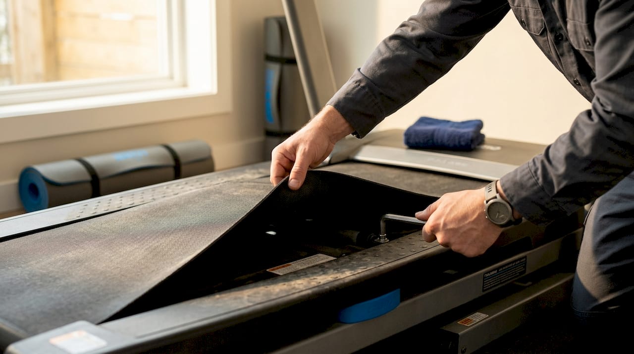 Hands adjusting treadmill belt tension