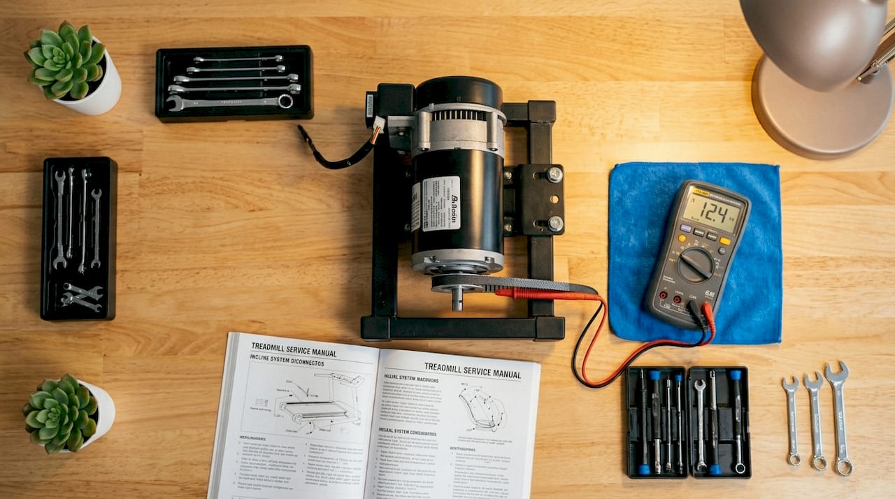 Incline motor and diagnostic tools in garage workspace