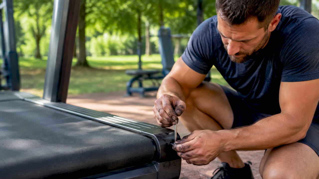 Hands adjusting treadmill belt tension bolt