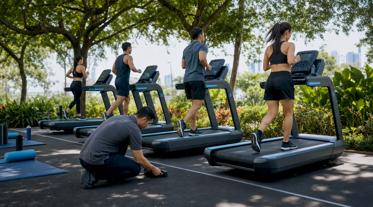 Commercial gym with multiple treadmills and equipment manager