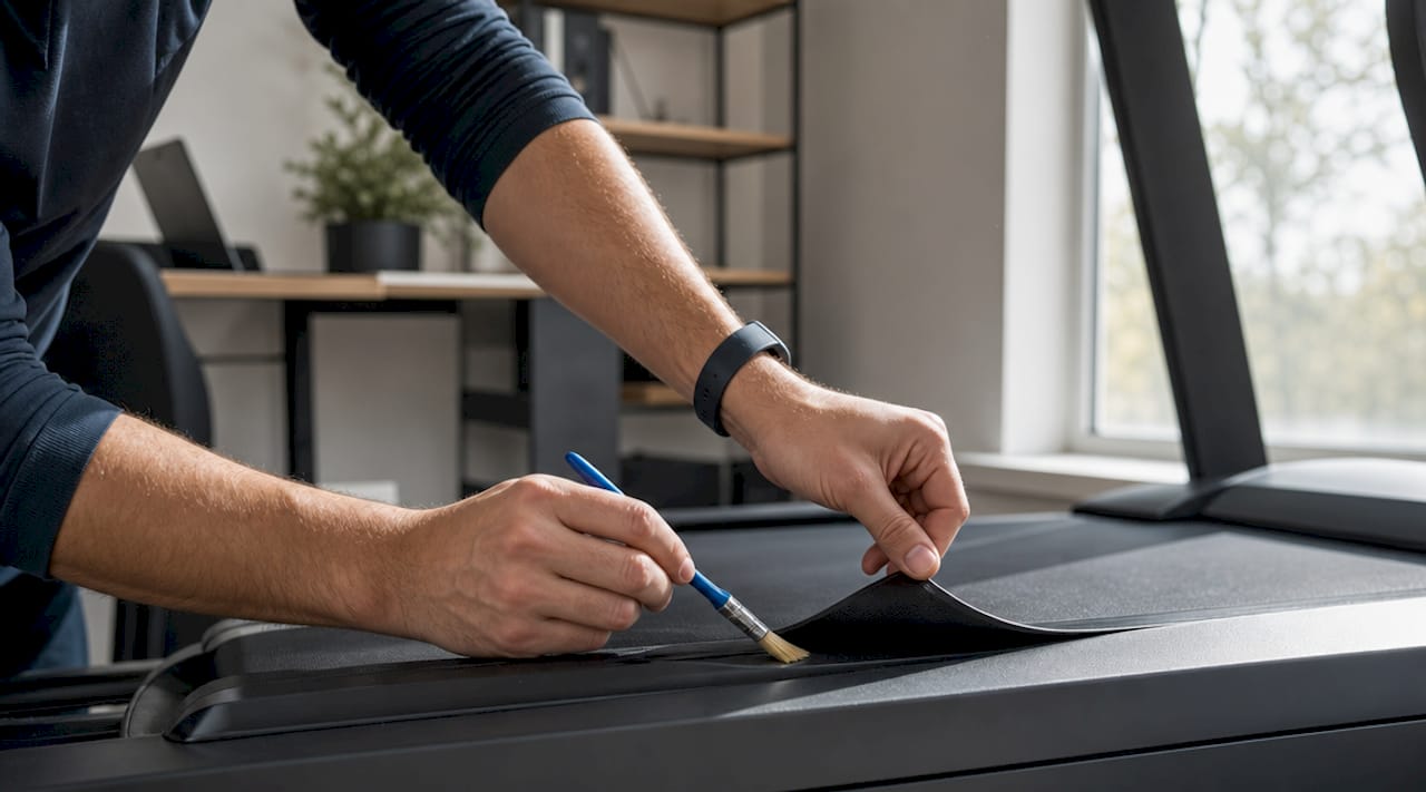 Hands lubricating treadmill belt closely