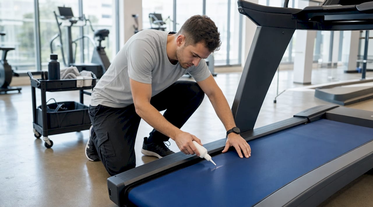 Hands lubricating treadmill belt to fix squeaking