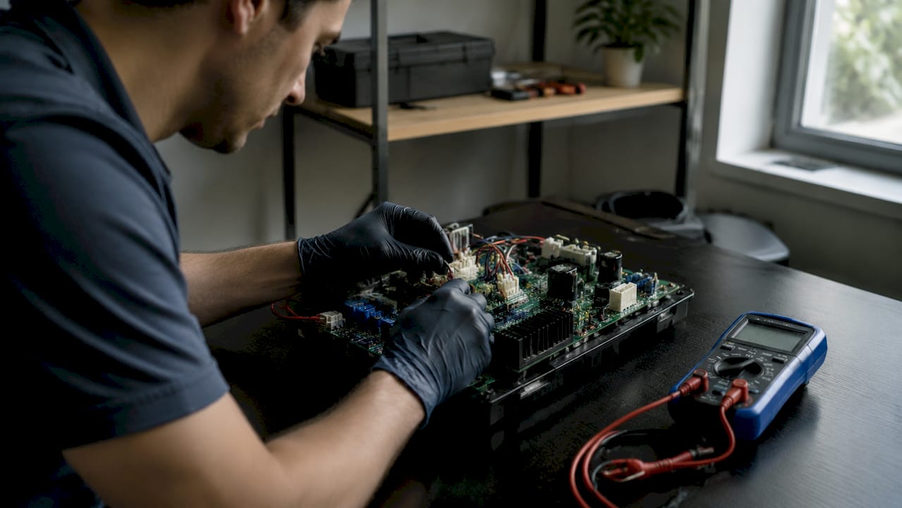 Hands testing voltage on treadmill control board