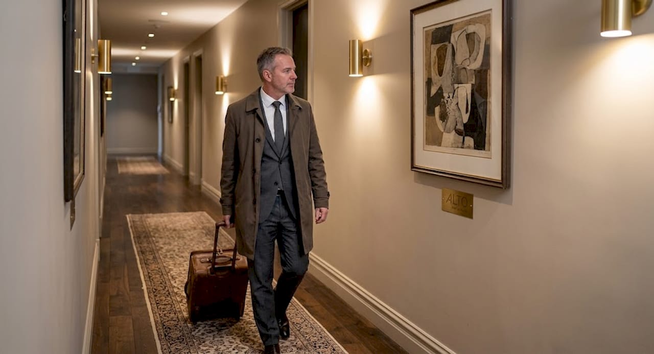 Guest explores boutique hotel decorated corridor