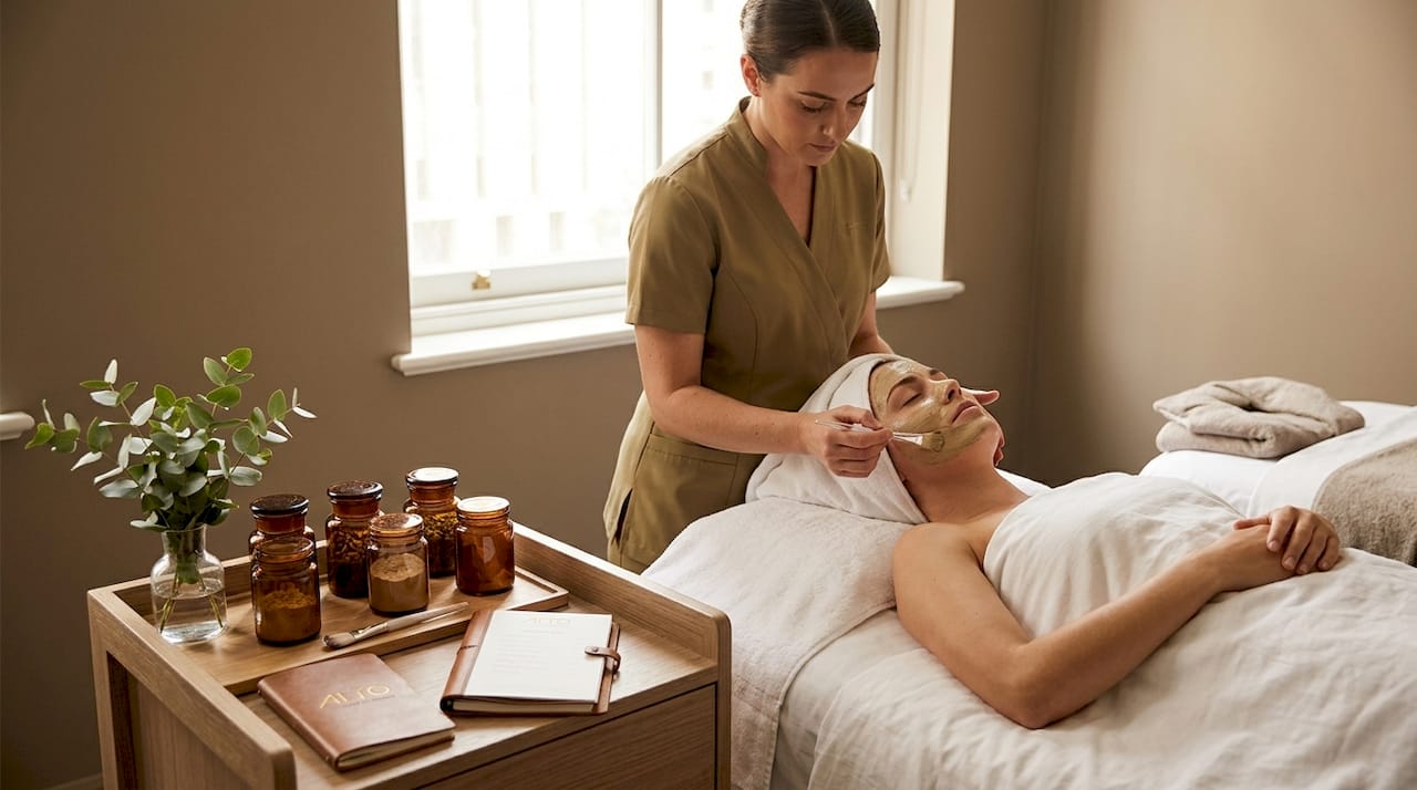Botanical facial mask applied at hotel spa